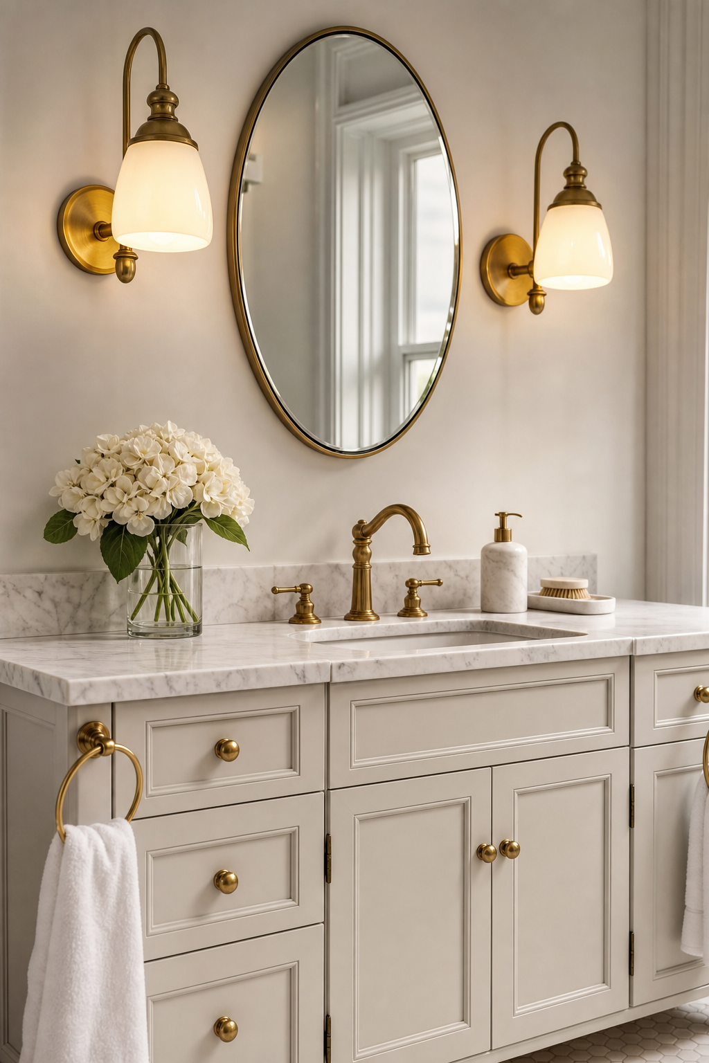 Cute bathroom vanity with charming wall sconces