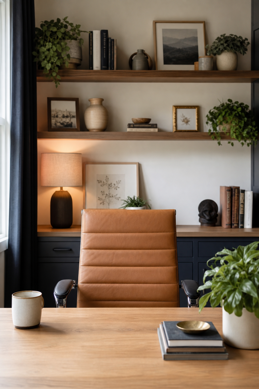 Home office with refined video call background, styled shelves, framed art, plant, soft lamp, tidy desk