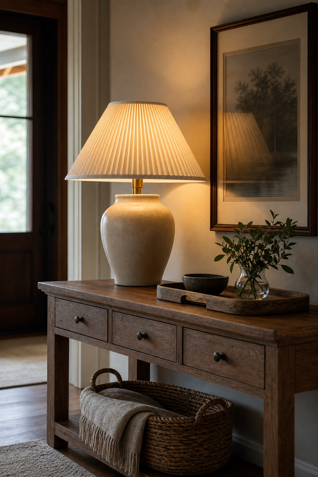 Entryway console styled with warm ceramic table lamp