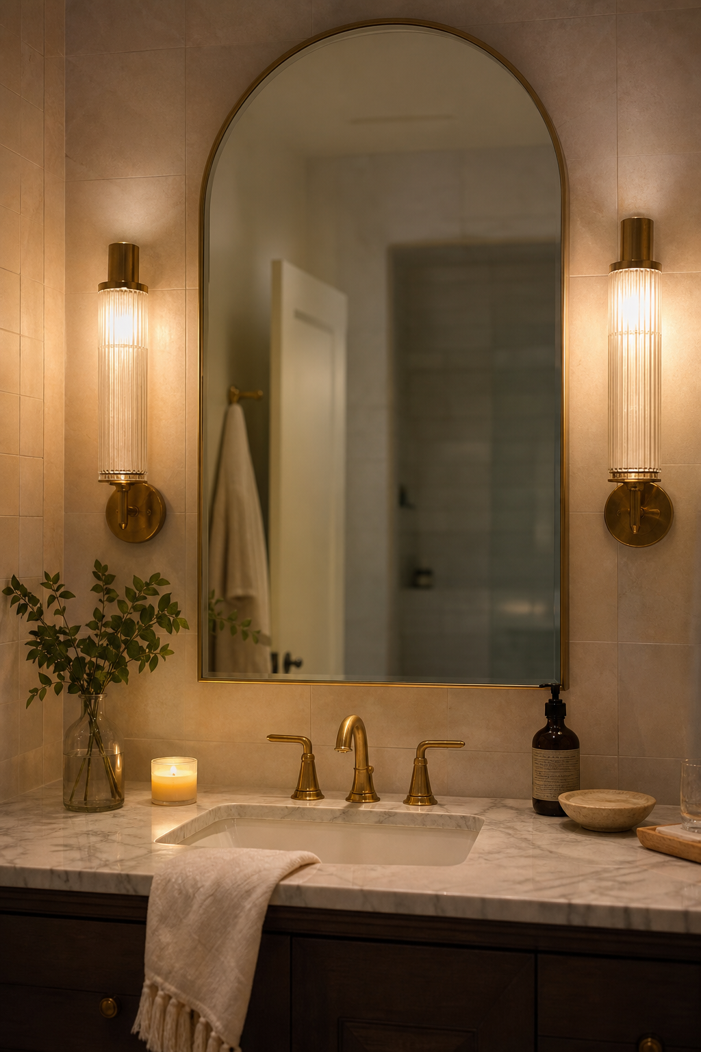 Bathroom vanity with warm sconces mirror and candle glow
