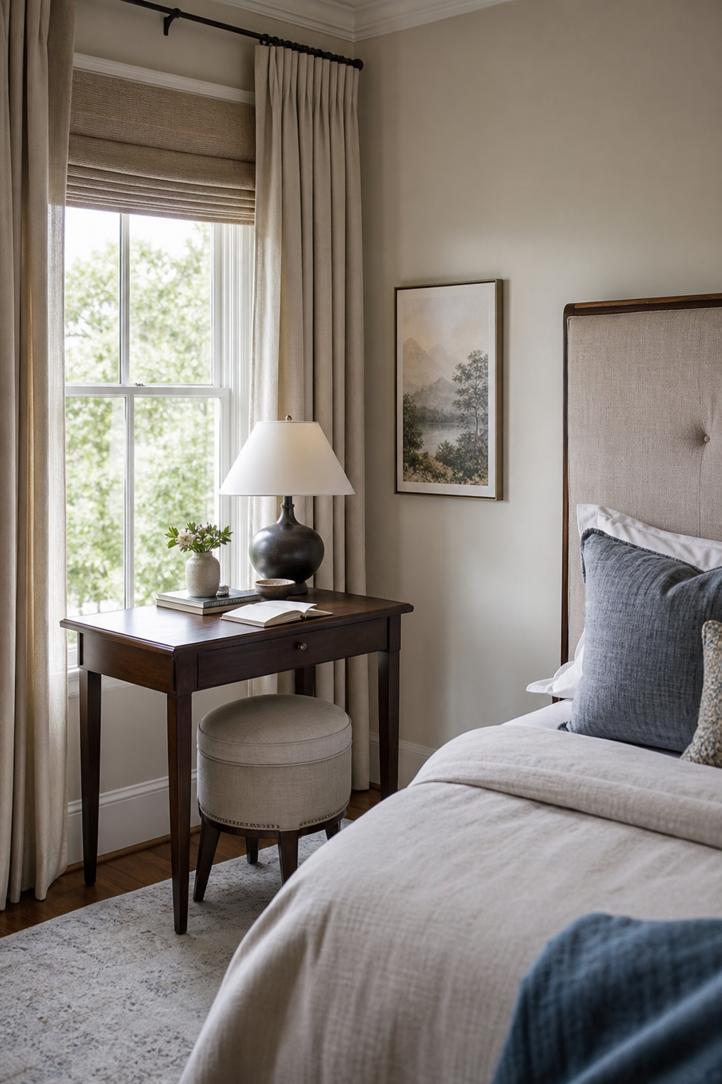 Guest bedroom with small writing desk by window, upholstered stool, lamp, simple art, calm bedding nearby
