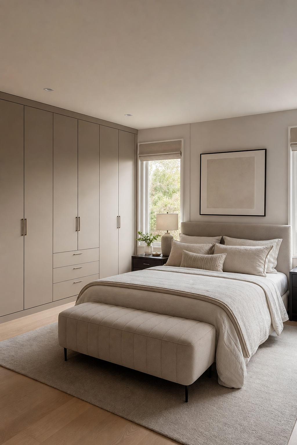 Minimalist bedroom with seamless hidden storage and a calm upholstered storage bench