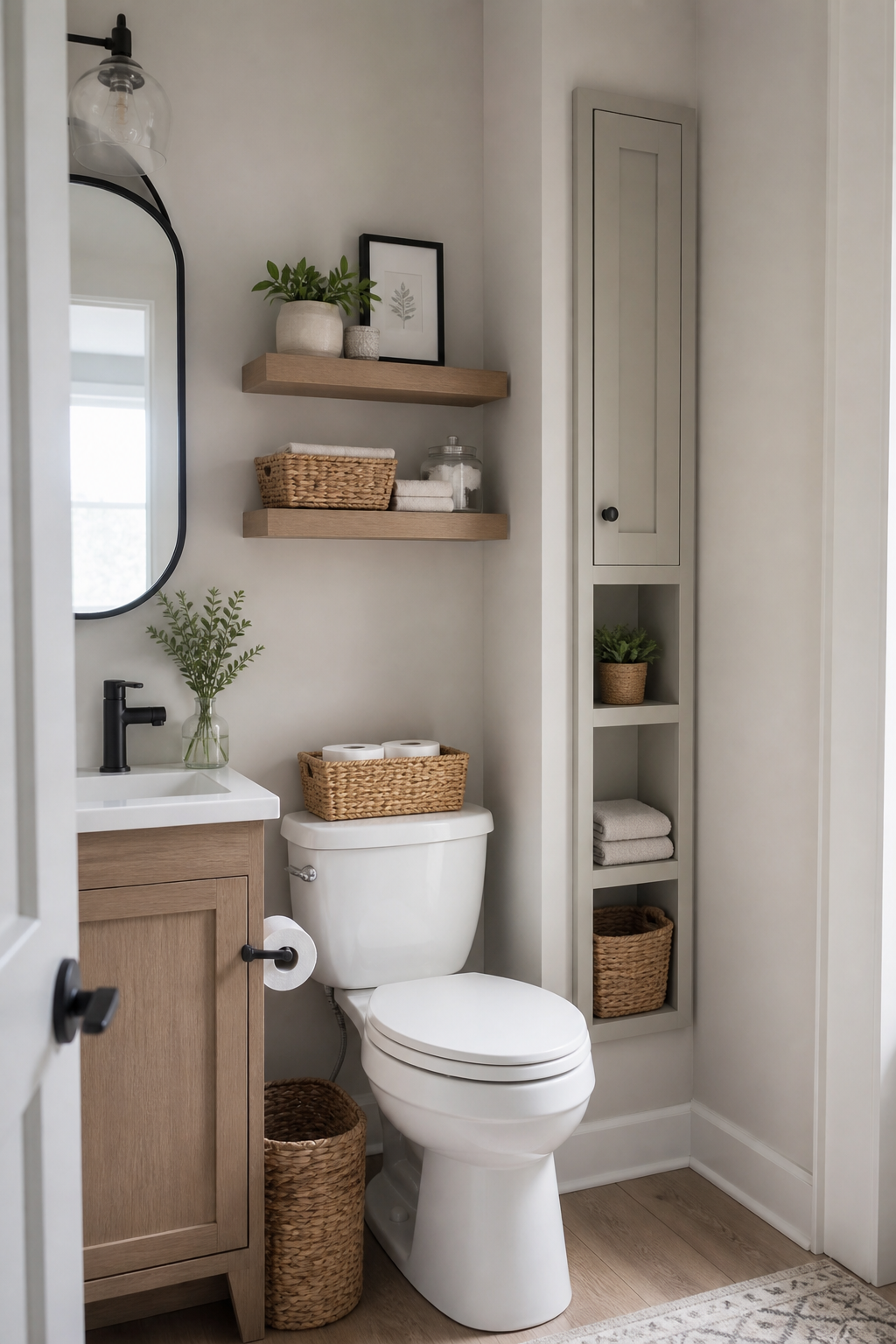 Compact half bathroom with narrow wall cabinet, shelf above toilet, basket storage, and small vanity