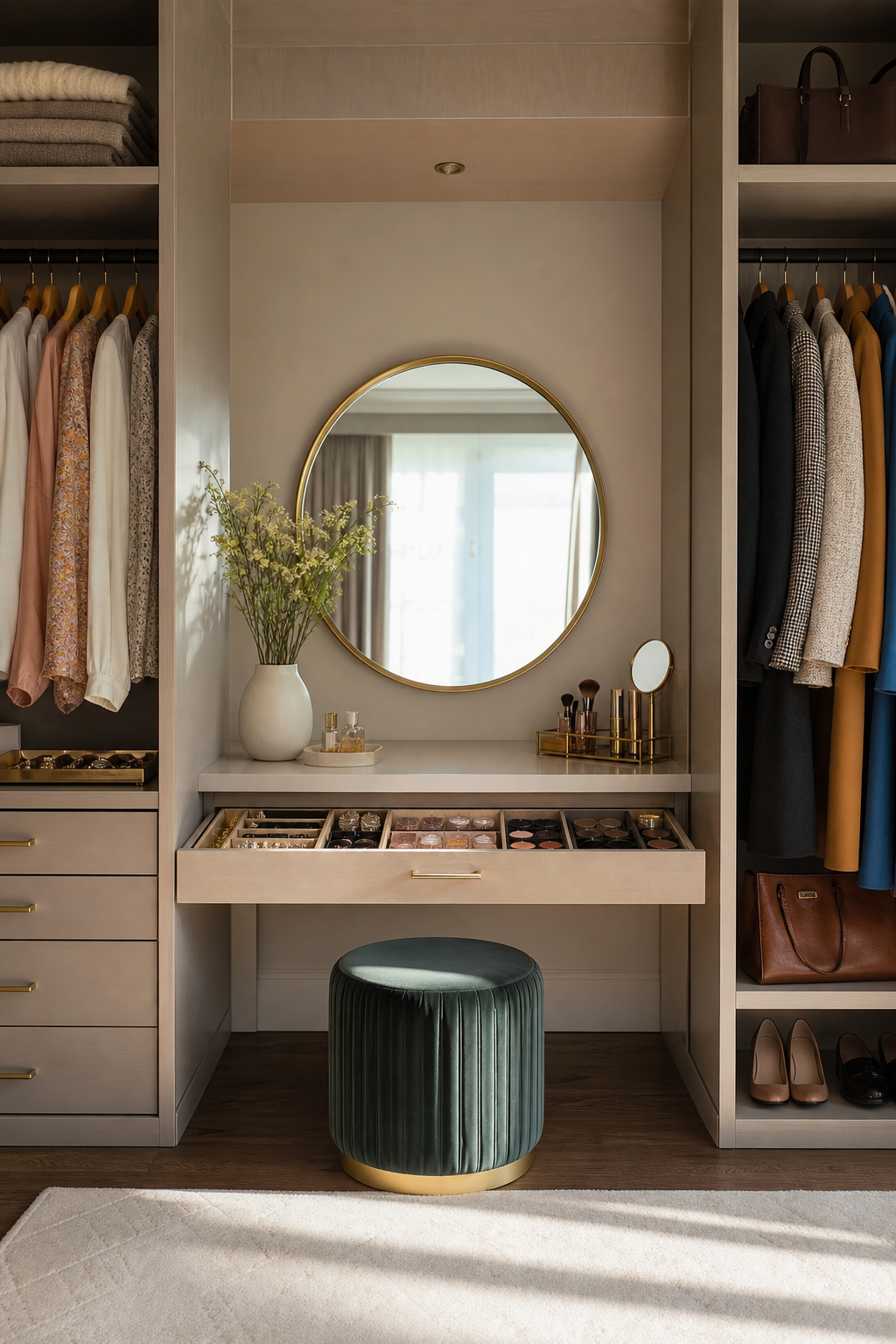 Include A Vanity Moment For Finishing in a neat stylish walk-in closet