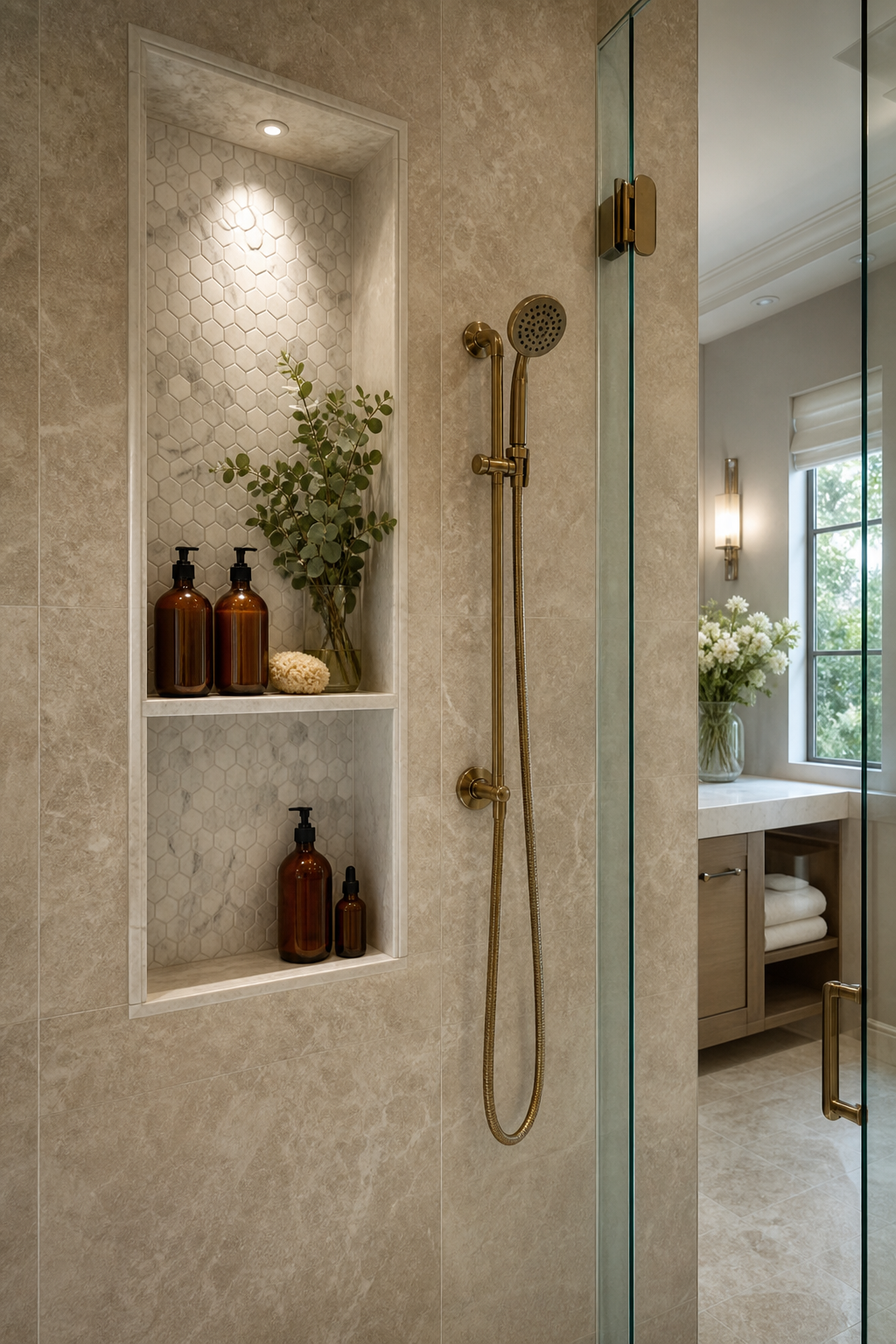Install quiet niche for essentials in a spa-like guest bathroom