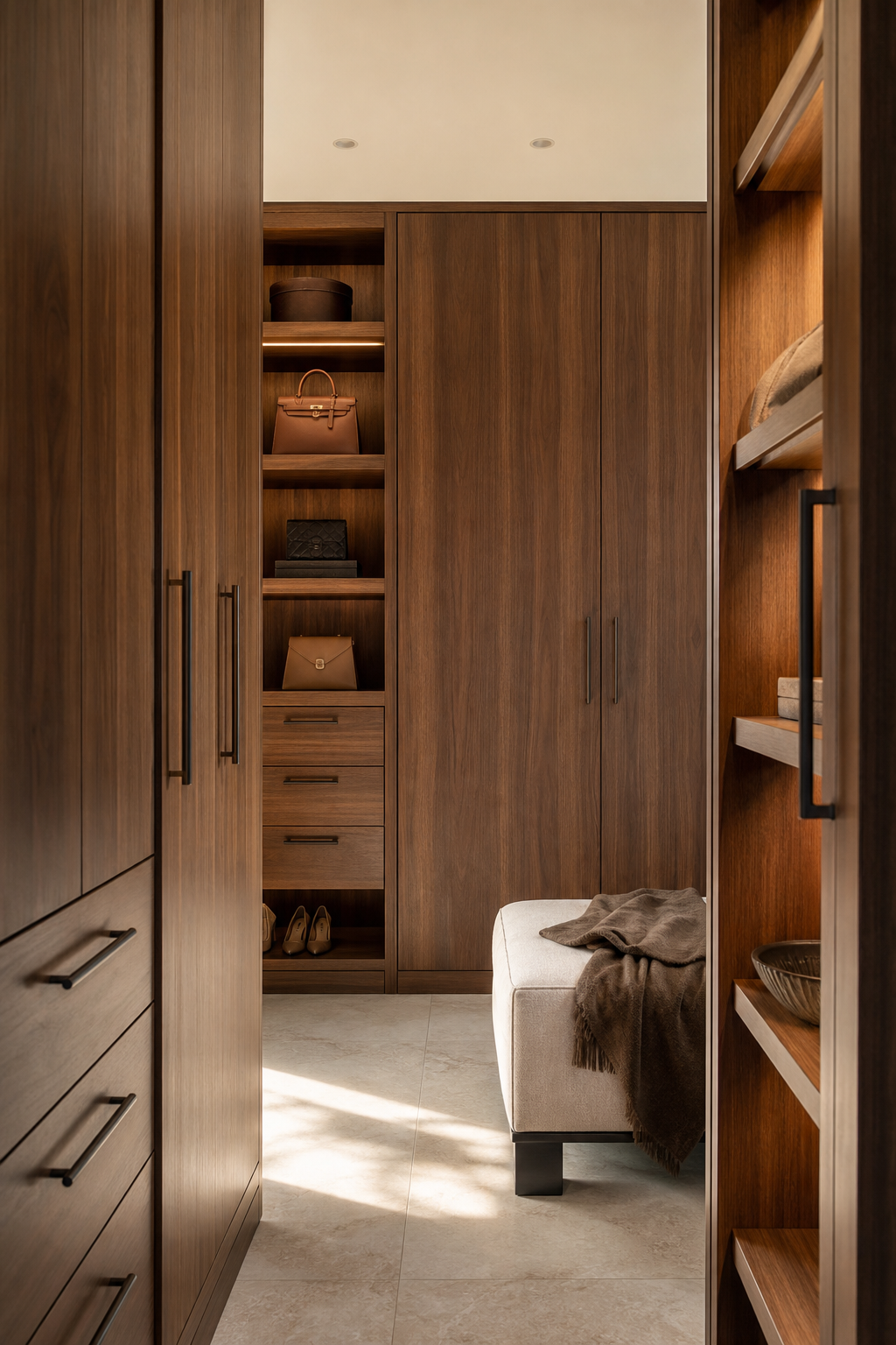 Tailored walnut walk-in closet with vertical grain doors, open cubbies, and soft integrated lighting