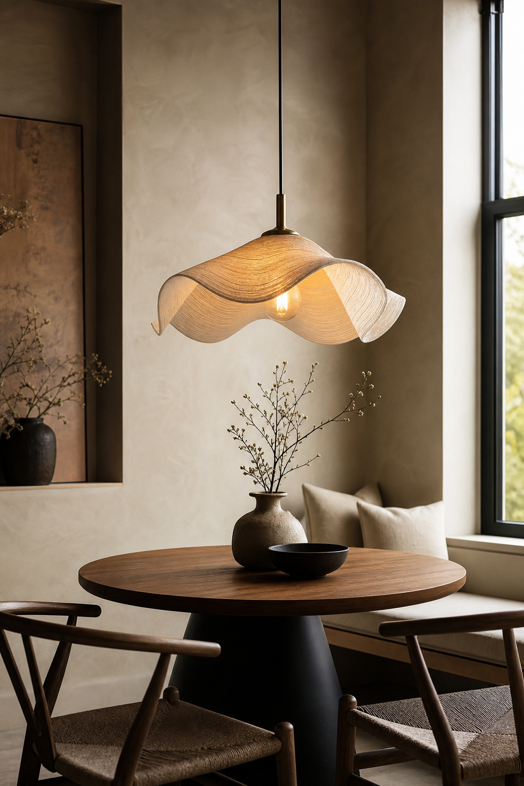 Room inspo aesthetic idea with use one sculptural light fixture