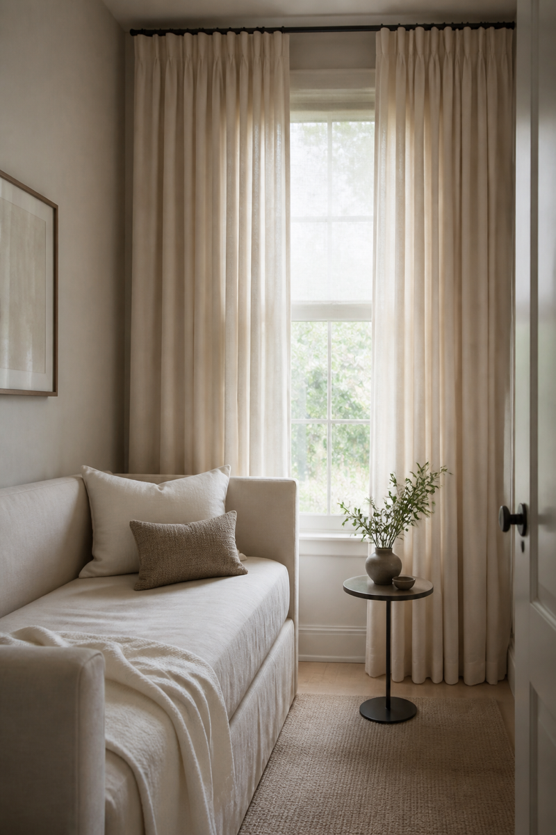 Small room makeover with tailored ceiling-height linen curtain panels