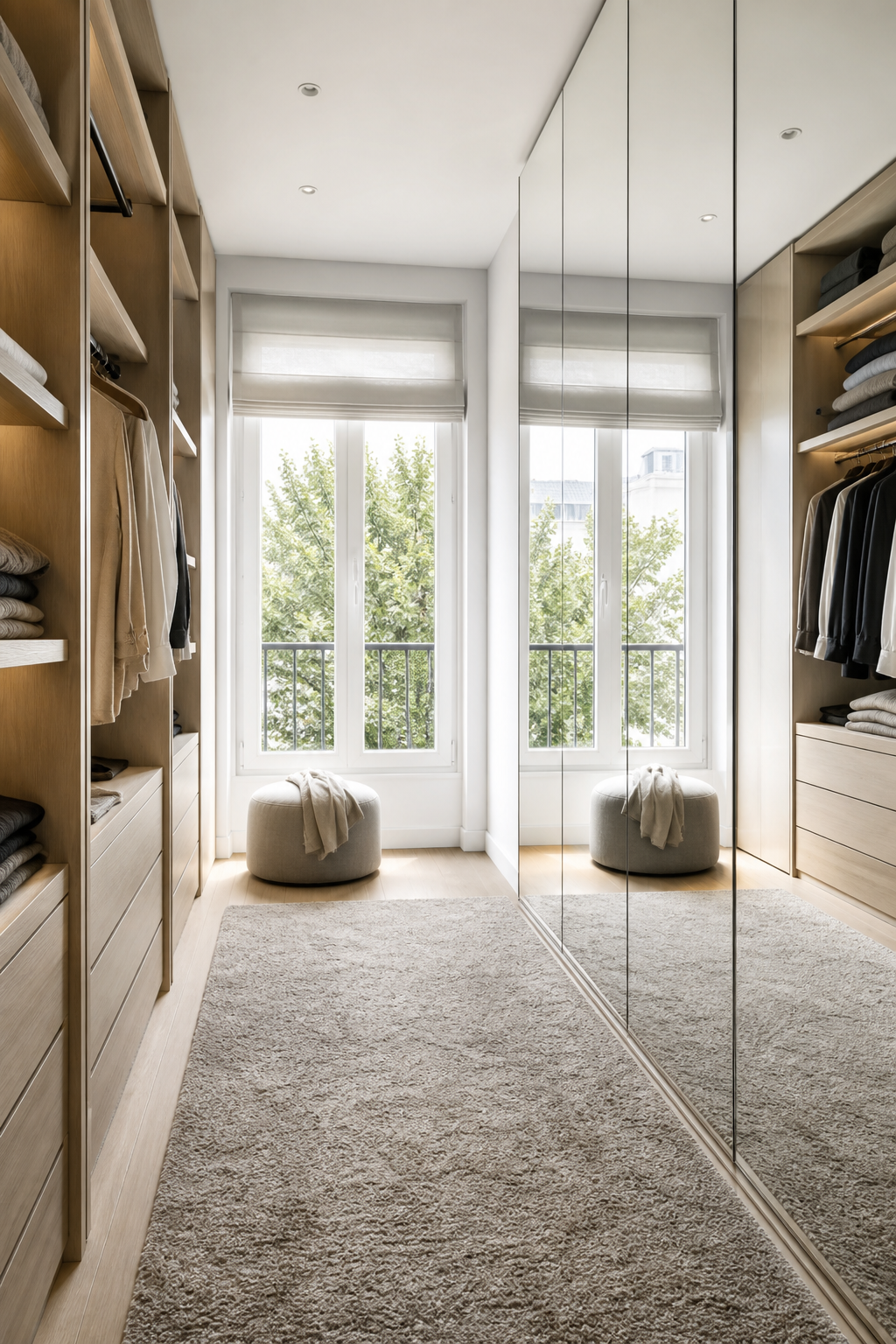 Use A Mirror To Double The Light in a neat stylish closet room