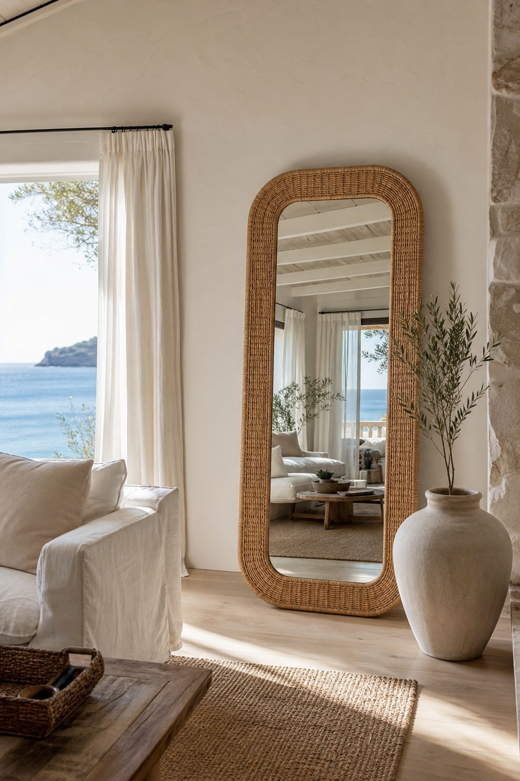 Rattan standing mirror in a relaxed coastal living room