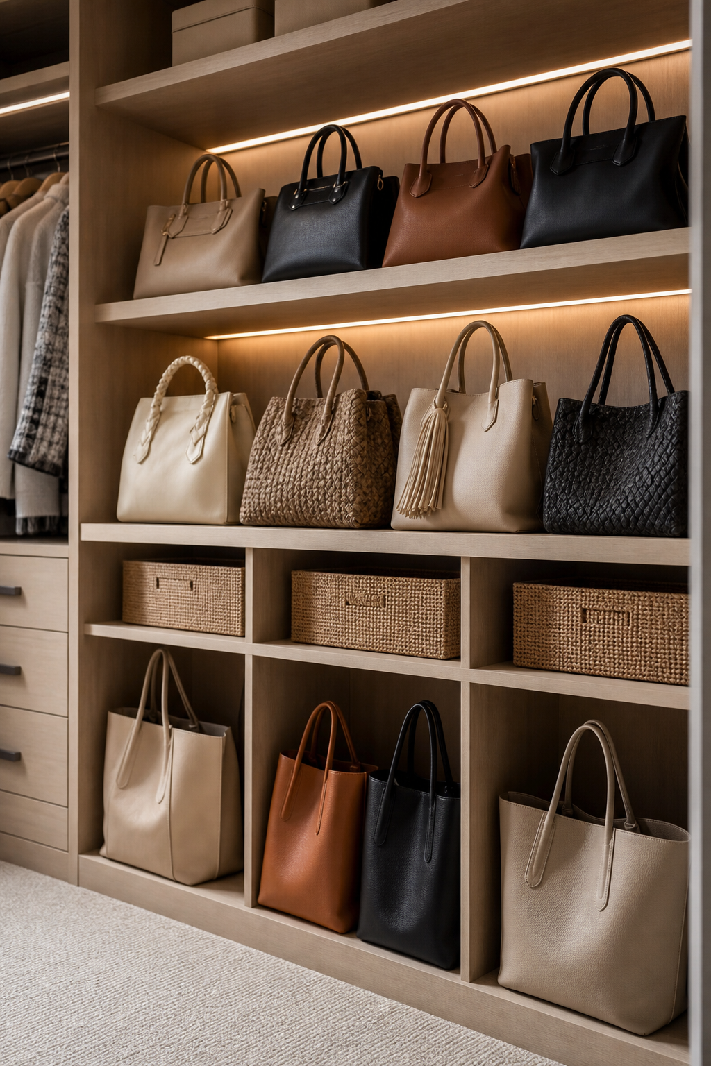 Make Space For Everyday Totes in a neat stylish handbag closet