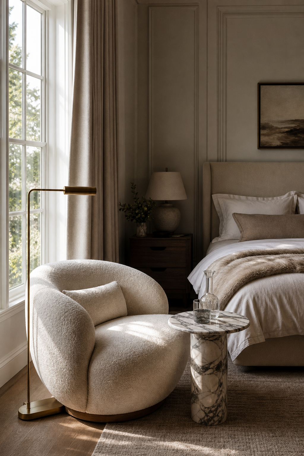 Cozy bedroom reading corner with boucle chair, marble table, and brass floor lamp