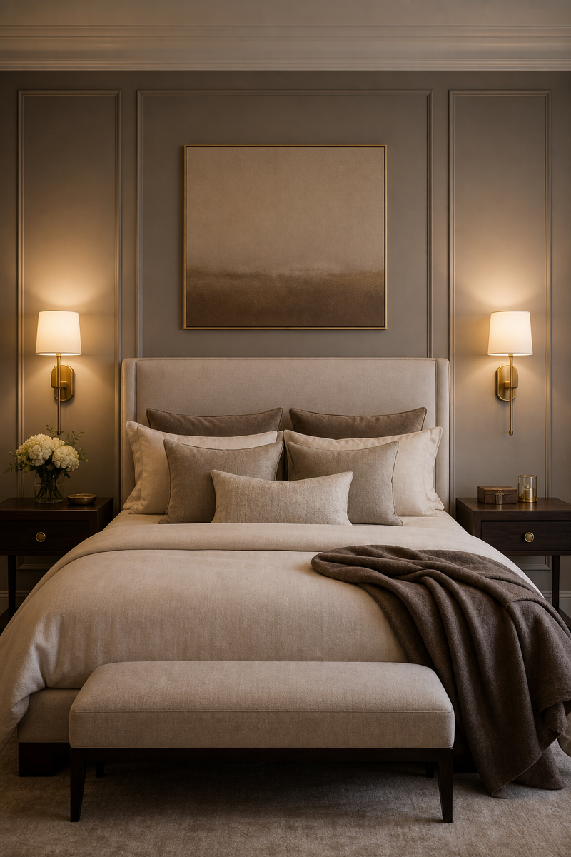 Luxury bed framed with matching brass wall sconces