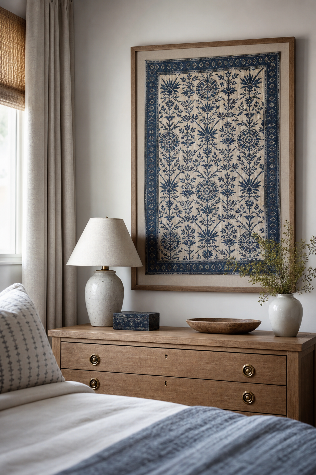 Framed textile panel used as wall hanging