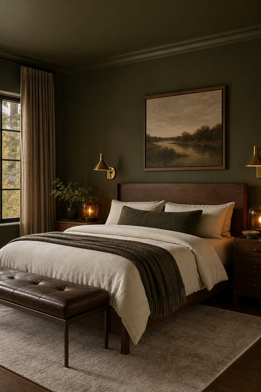 Deep olive bedroom with cream bedding, brass sconces, and walnut furniture