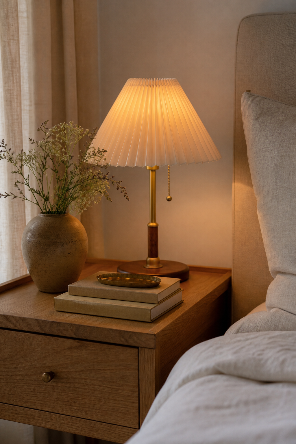 Aesthetic bedside table with pleated lamp and ceramic vase