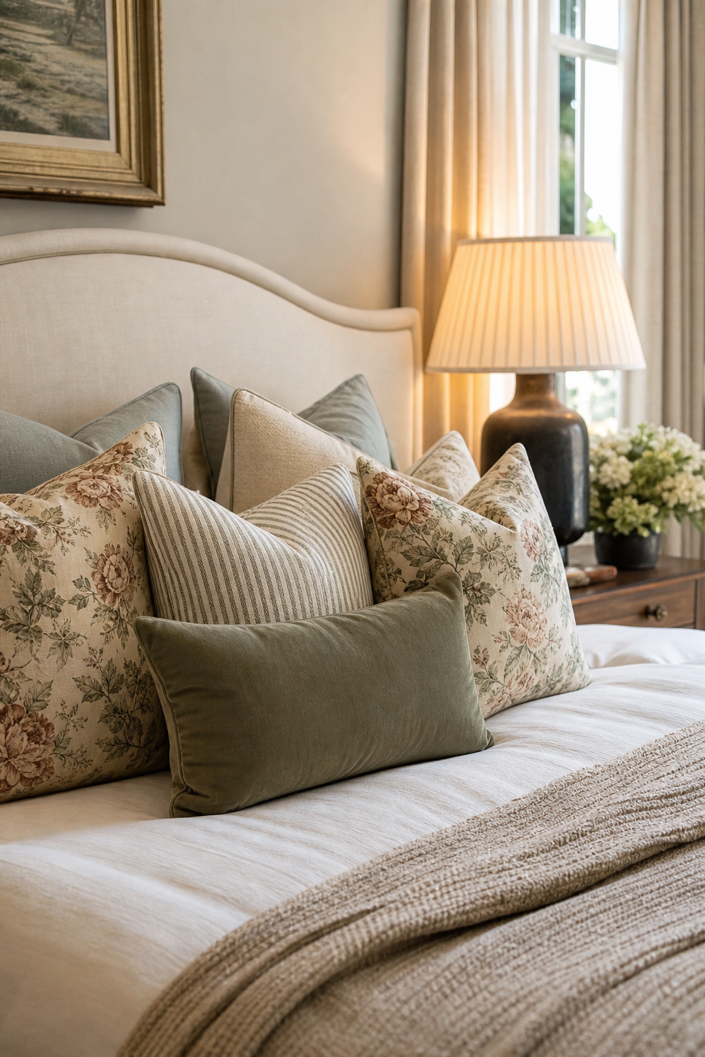 Patterned pillows featuring a common palette