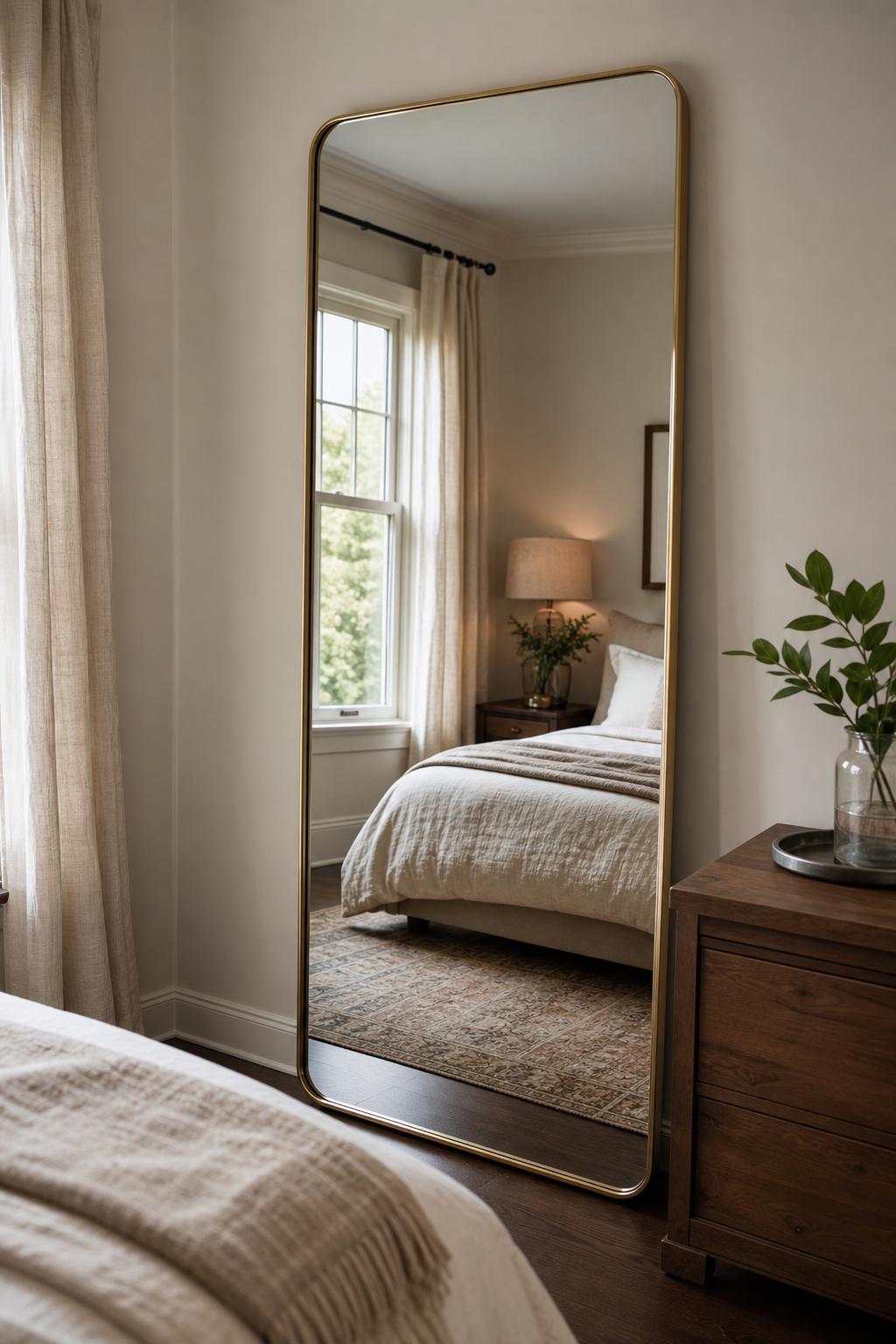 Small bedroom mirror placed to reflect natural light