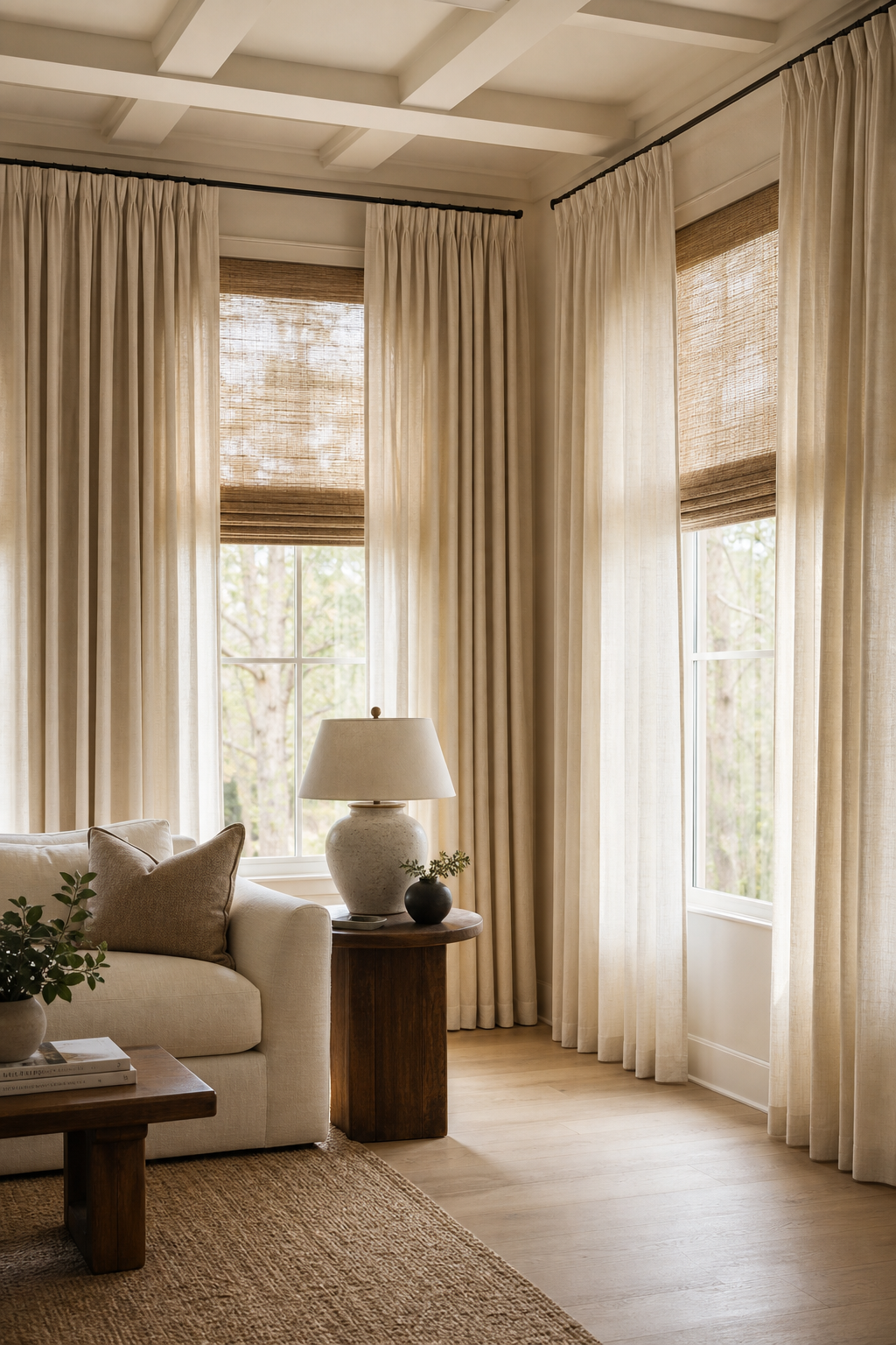 Elegant living room with floor-to-ceiling linen curtains and woven window shades