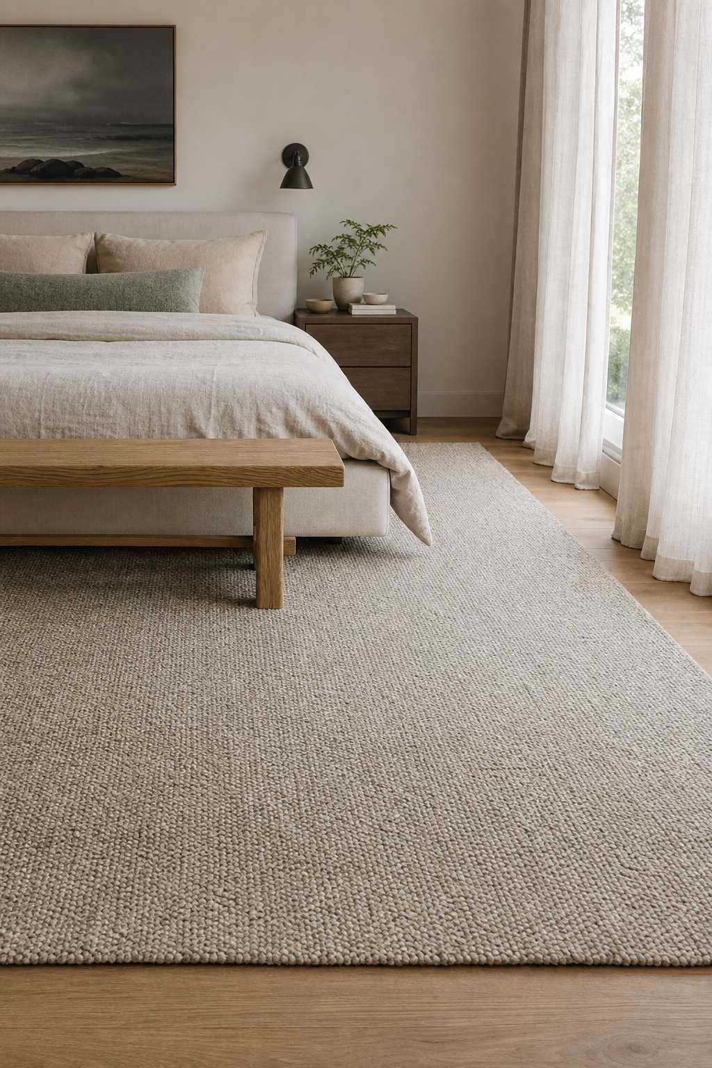 Minimal bedroom grounded by a large oatmeal wool rug beneath a cream bed and oak bench