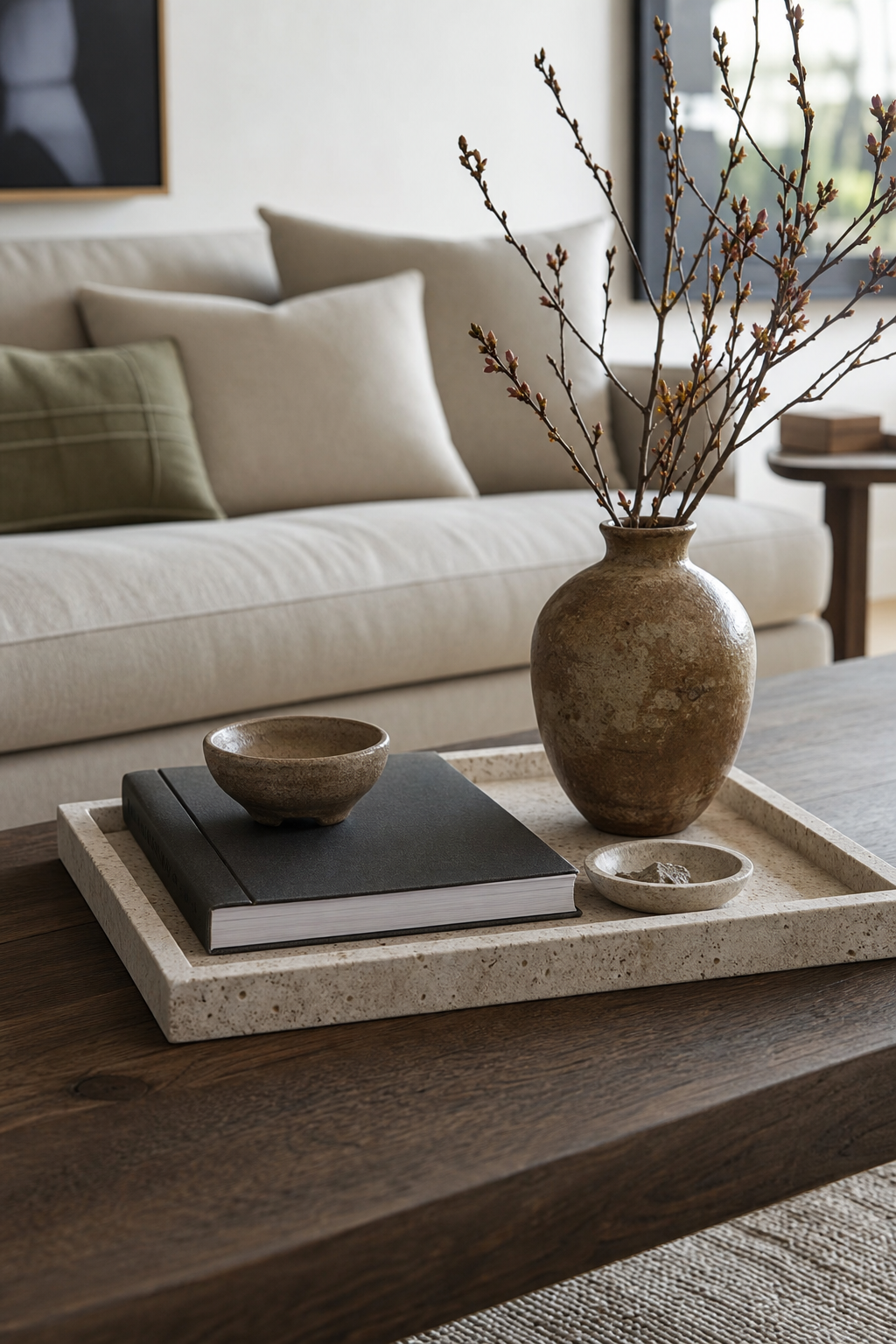 Styled coffee table with tray book ceramic vessel and branches