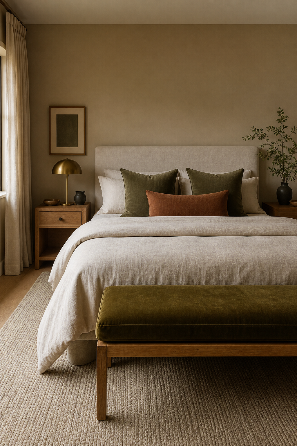 Earthy bedroom with olive green bench cushion, cream linen bed, and warm wood furniture