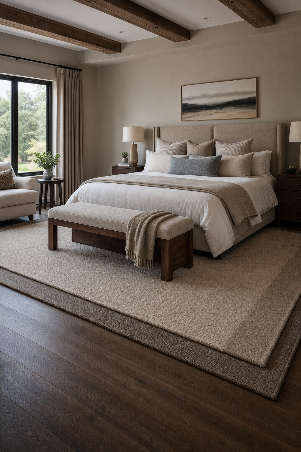 Luxury bedroom with large patterned wool rug defining the bed area and layered neutral bedding