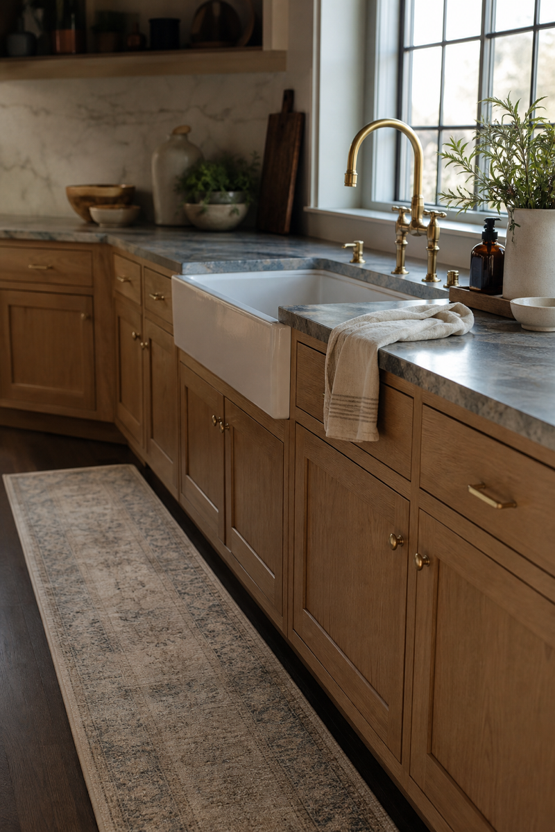 Warm kitchen with practical runner in front of the sink