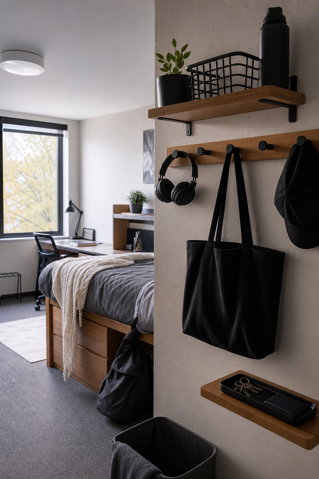 Dorm wall storage with hooks, peg rail, tote bag, and daily essentials