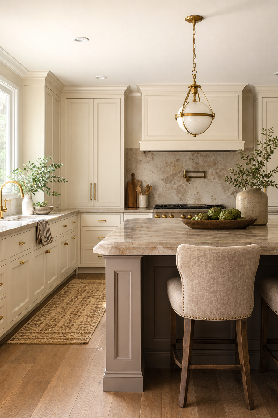 Warm neutral kitchen with taupe island and cream cabinets