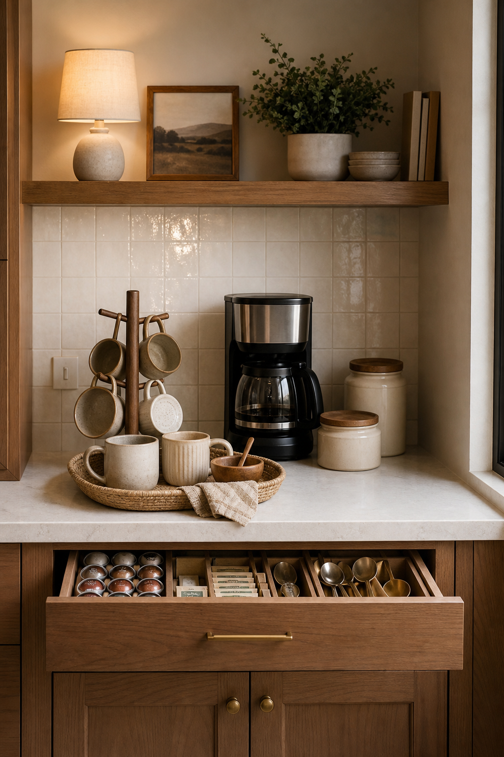 Cozy kitchen coffee station with mugs, tray, small lamp, and tidy storage