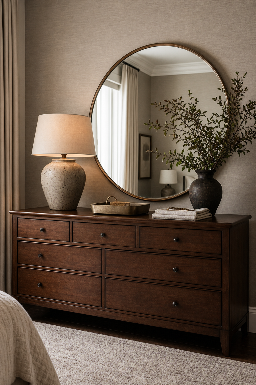 Styled dresser with mirror, lamp, tray, and ceramic decor