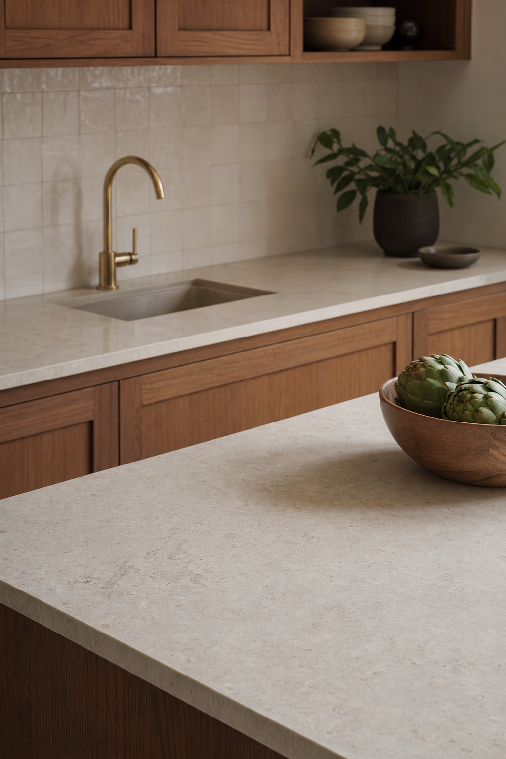 Simple kitchen with durable honed creamy countertop, warm wood cabinets, and practical prep area