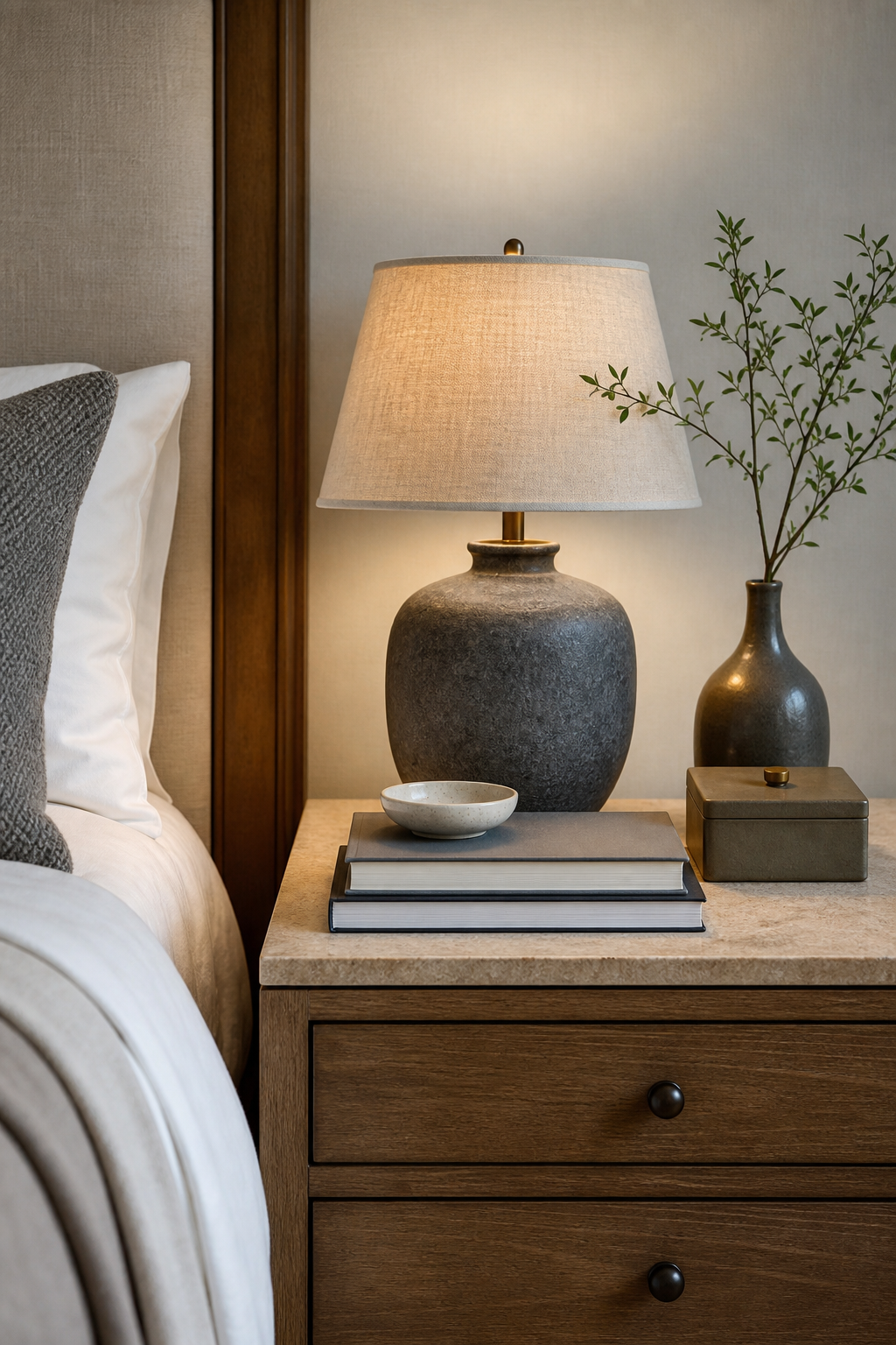 Elegant bedroom nightstand styled with lamp, books, dish, and branch