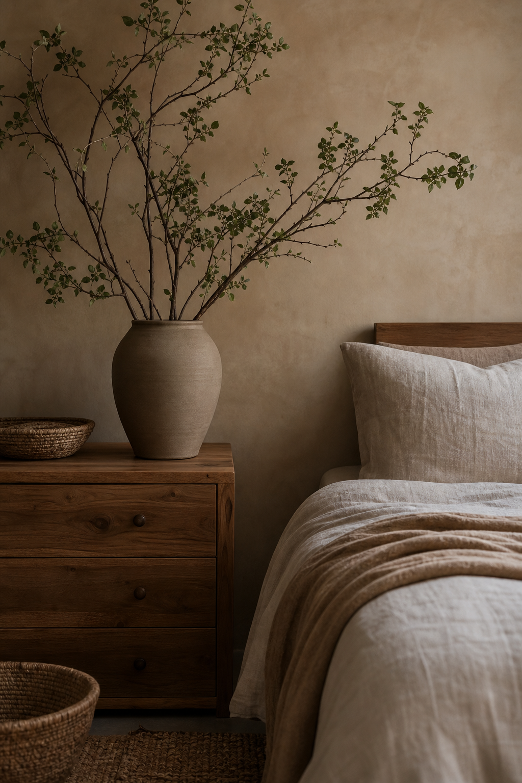 Boho bedroom dresser with ceramic vase and natural branches