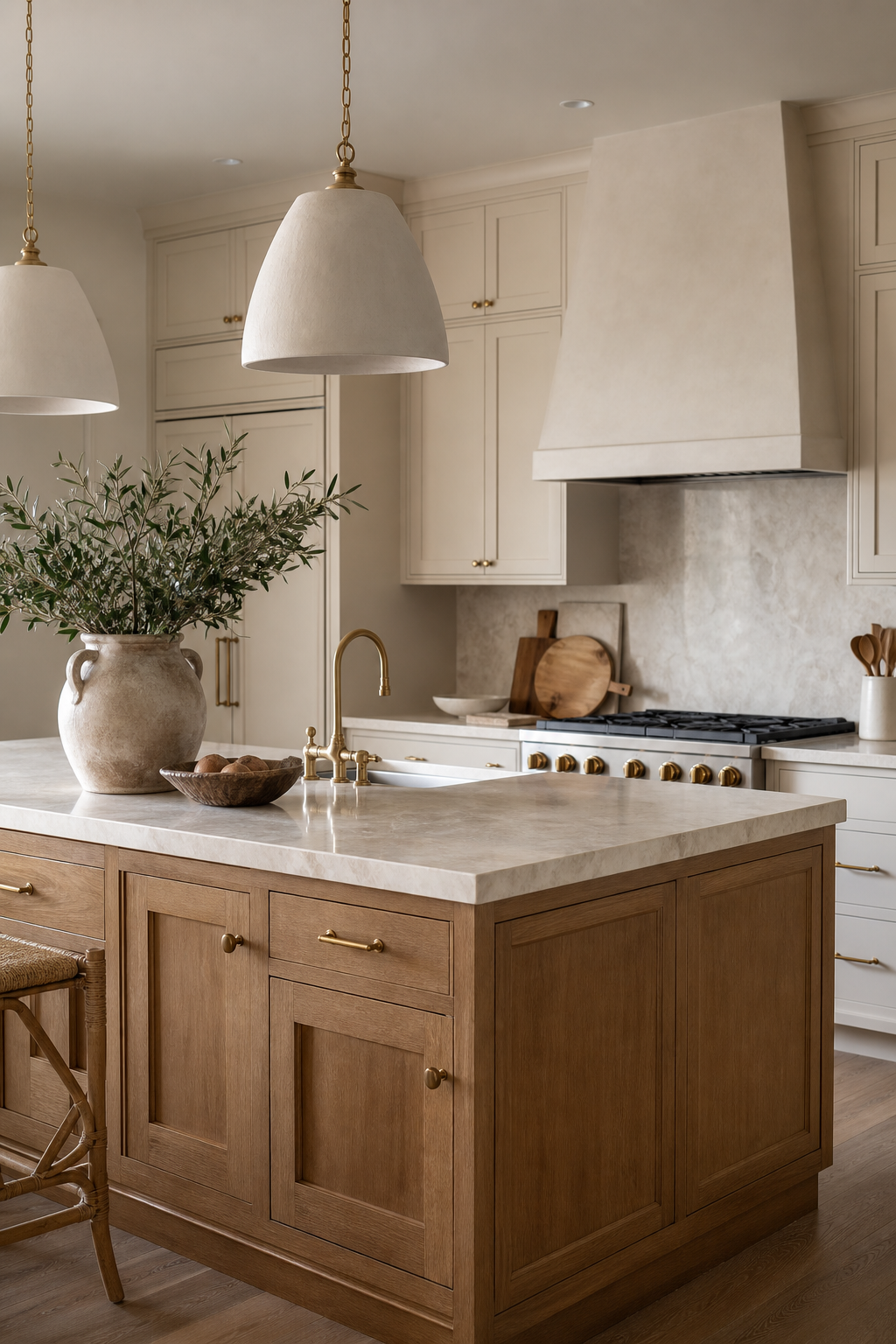 Warm white oak kitchen island grounding a bright kitchen