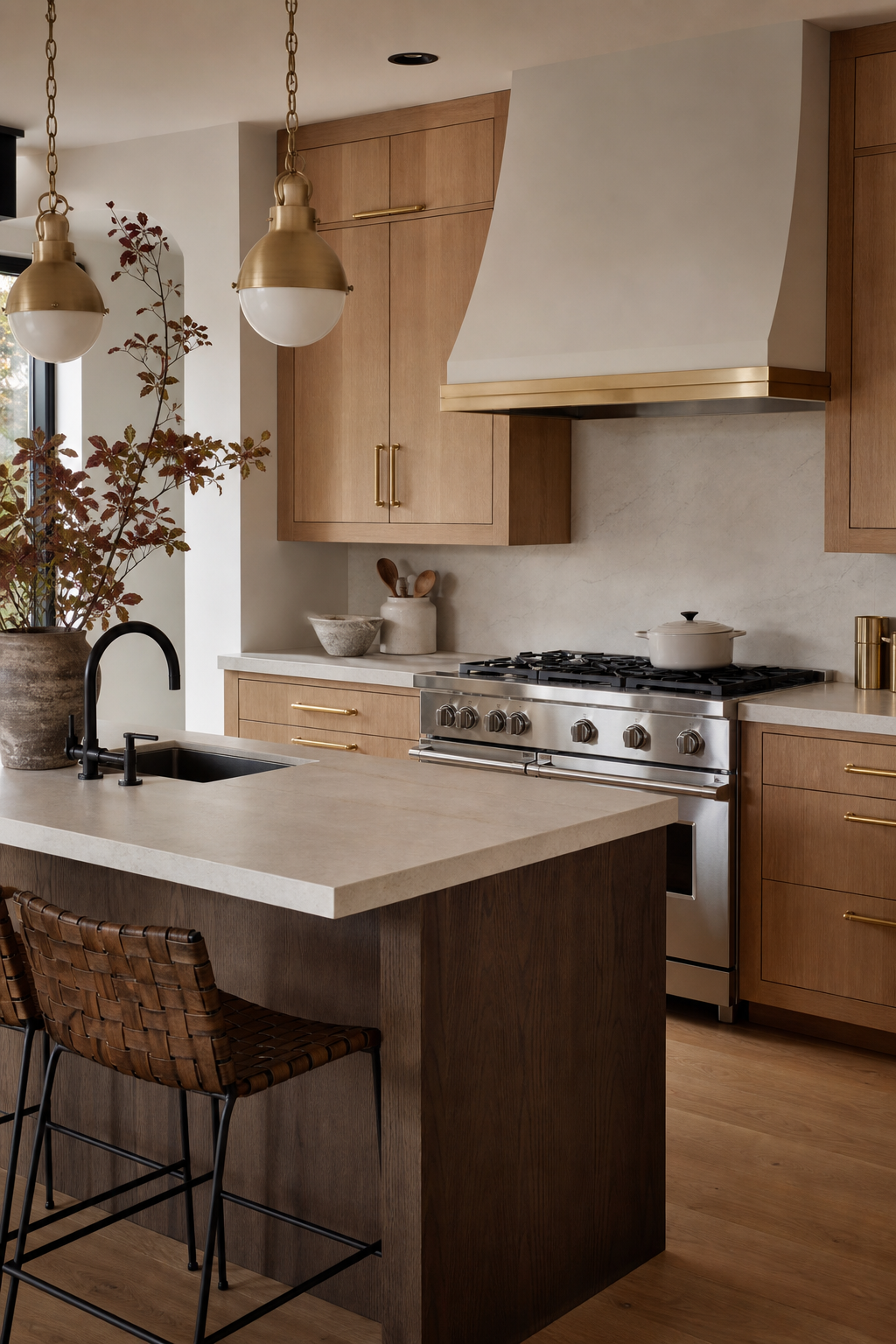 Modern kitchen mixing brushed brass hardware with matte black fixtures