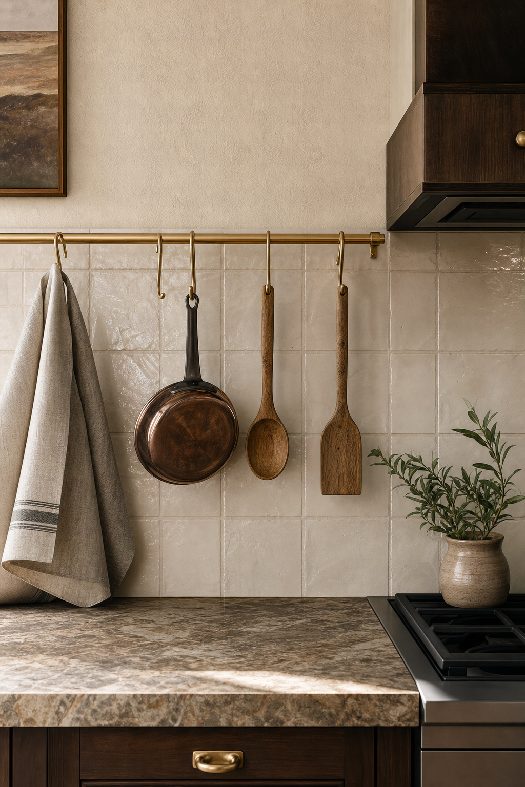 Small kitchen brass rail holding everyday tools and a linen towel