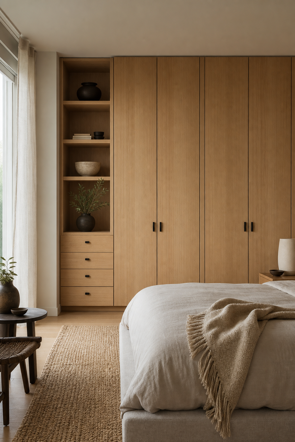 Japandi bedroom with hide Storage Behind Seamless Wardrobes