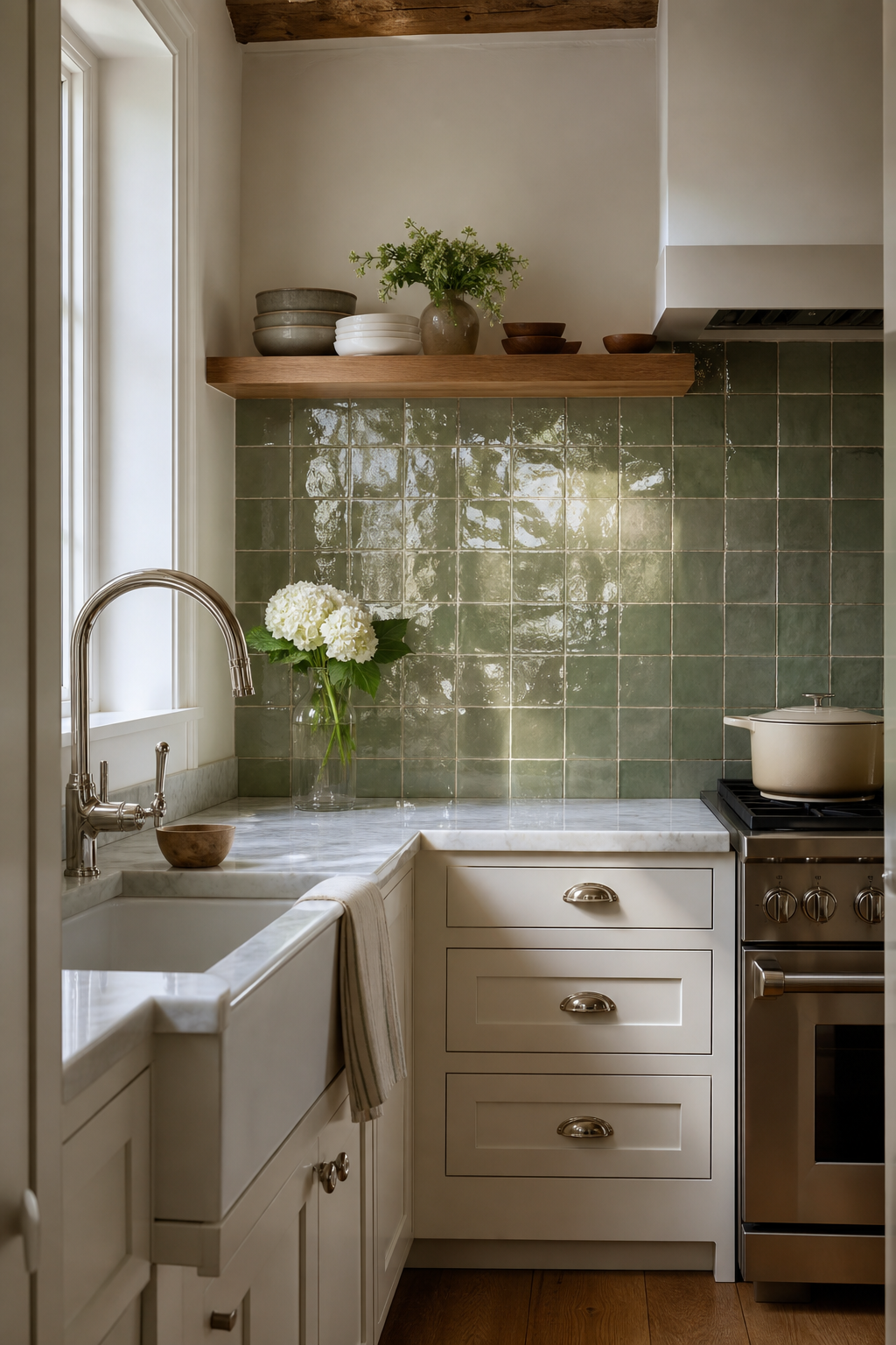 Small jewel box kitchen with glossy celadon tile, matte white cabinetry, and marble counter