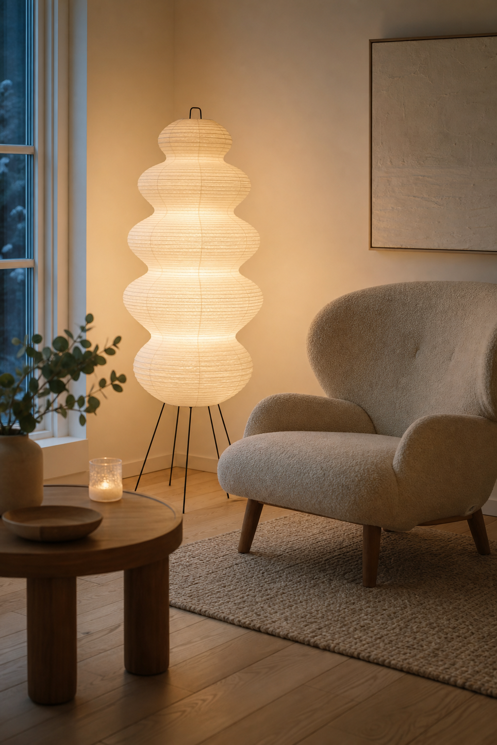 Scandinavian reading corner with sculptural warm lamp