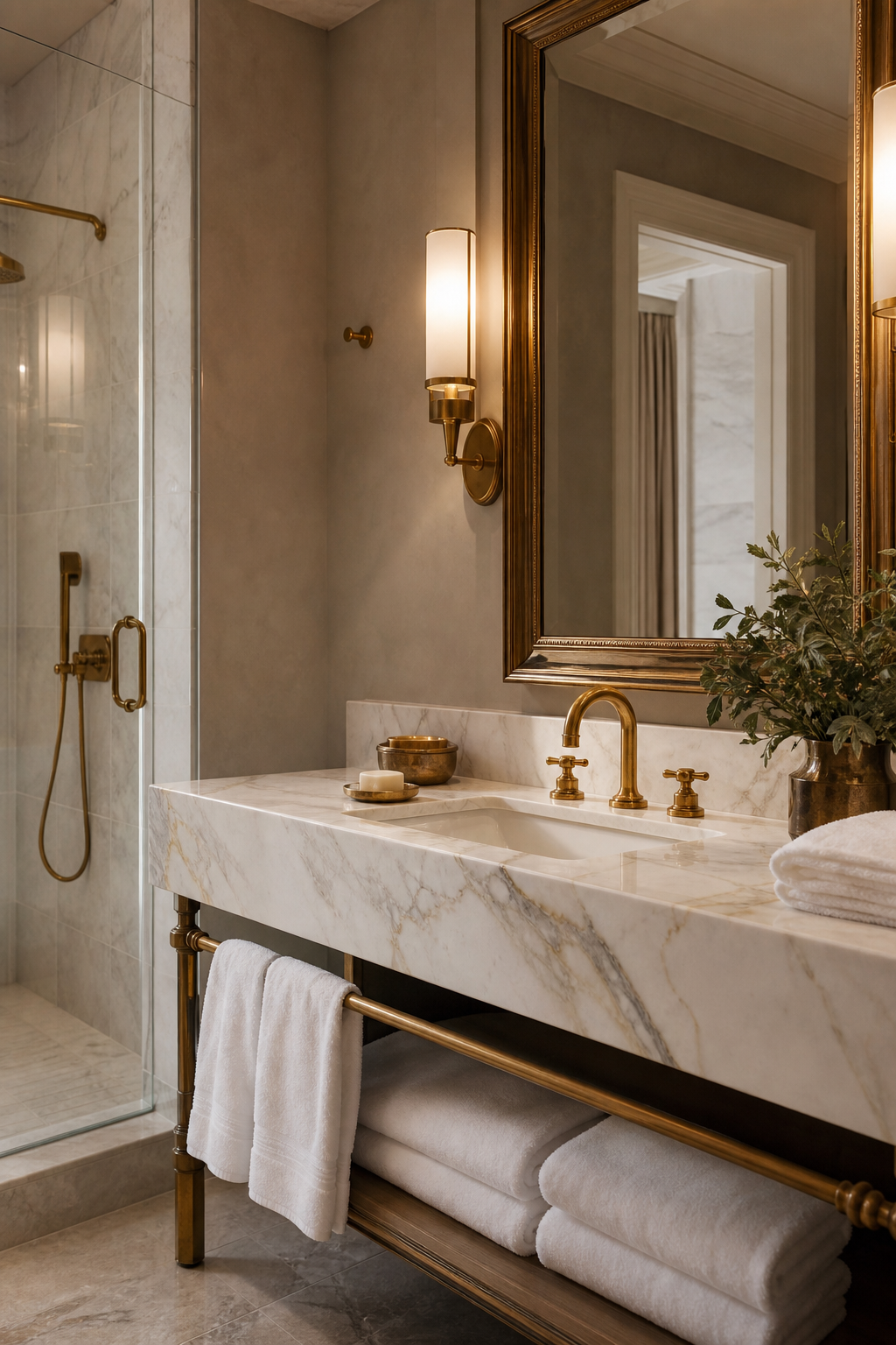 Polished luxury bathroom with marble vanity, brass fittings, framed mirror, zellige tile, and minimal styling