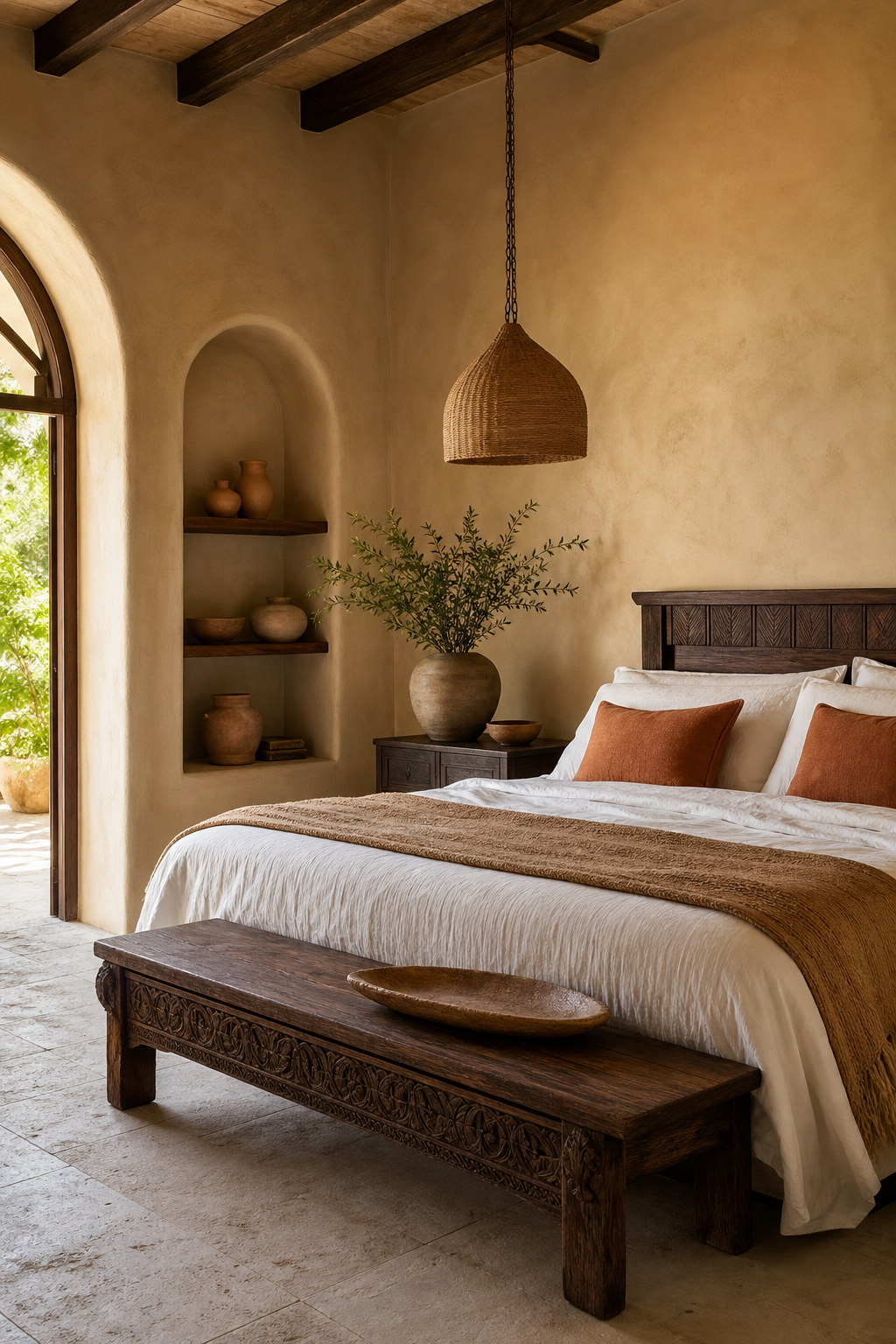 Mediterranean bedroom with limewash walls, linen bedding, and terracotta accents
