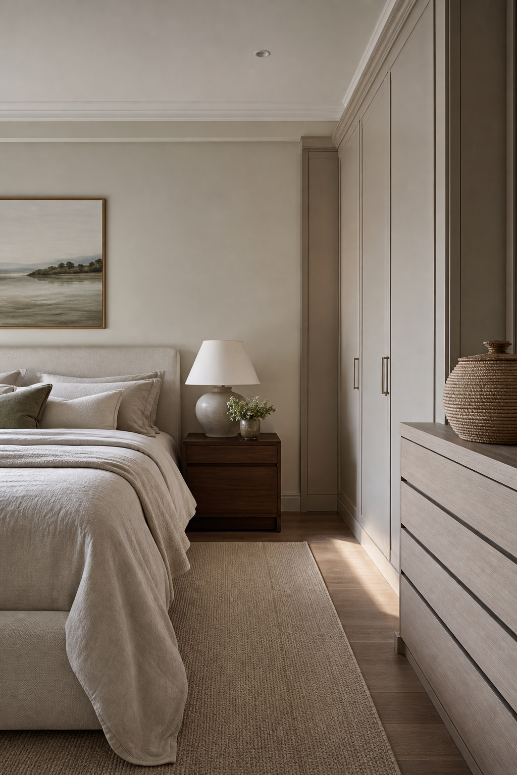 Personal bedroom with closed cabinet, woven baskets, storage boxes, and calm clear surfaces