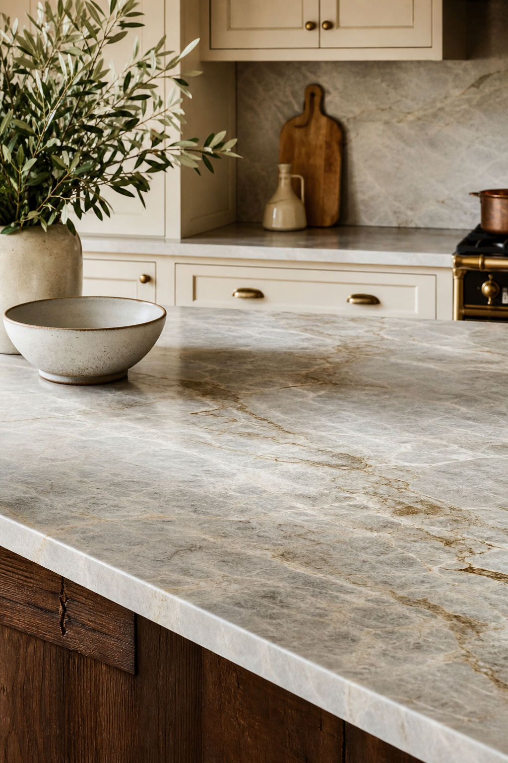 Natural stone countertop with soft movement in farmhouse kitchen