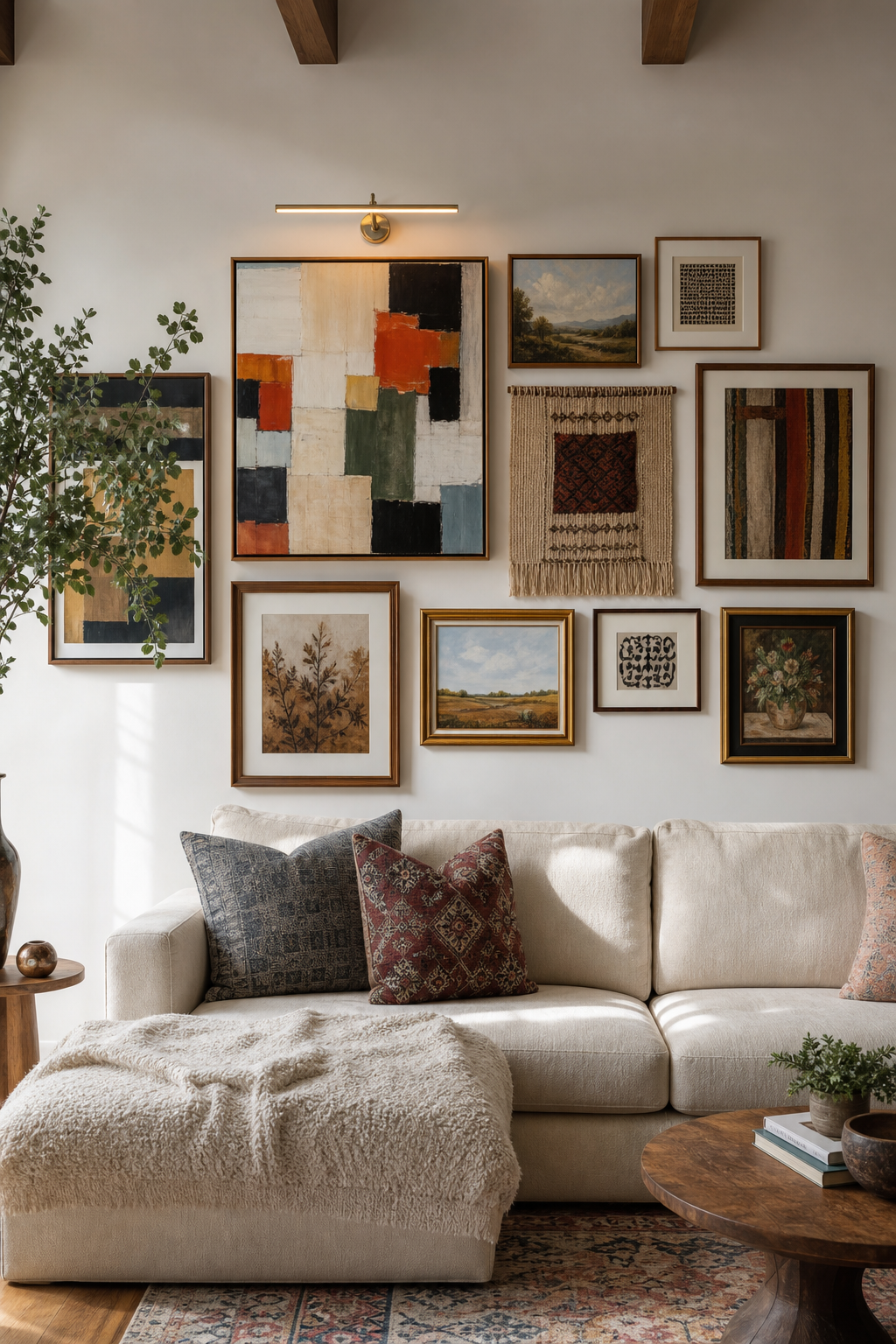 Luxury living room with colorful curated gallery wall, cream sofa, mixed frames, and picture lighting