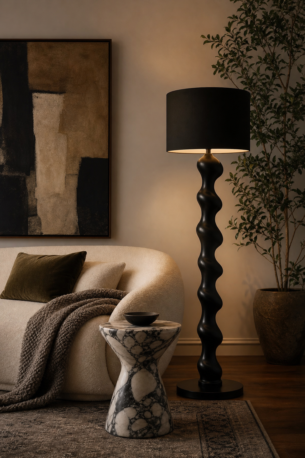 Statement floor lamp beside a modern cream sofa