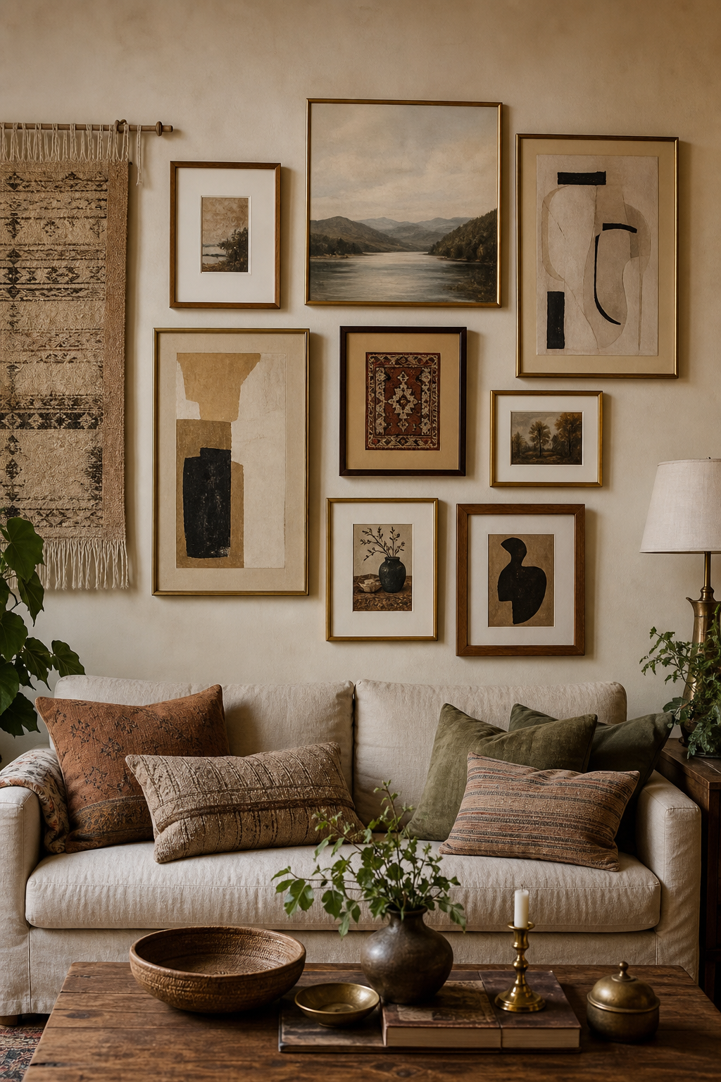 Collected boho gallery wall above a linen sofa with mixed vintage frames