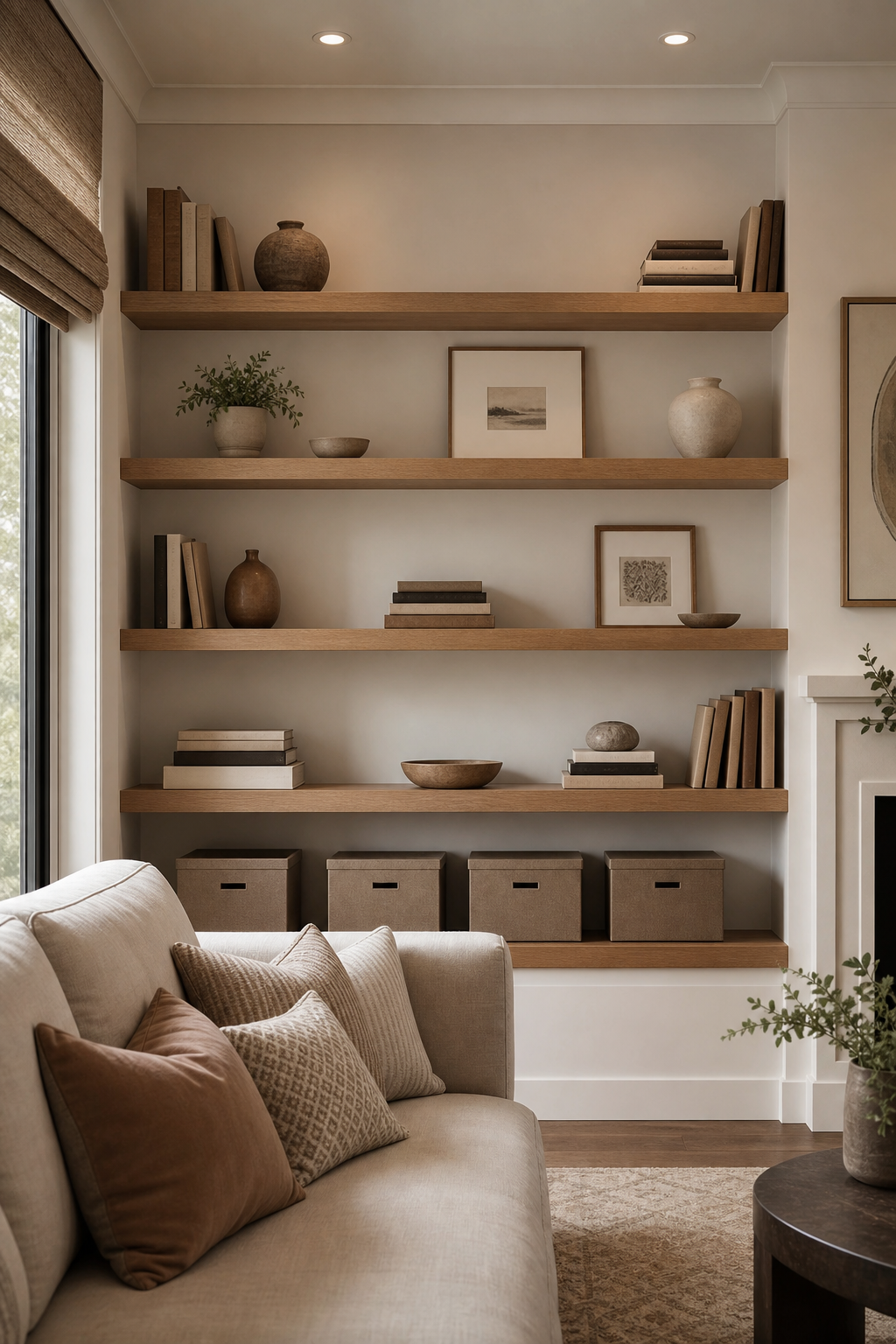 Edited wall shelves with negative space in a small living room