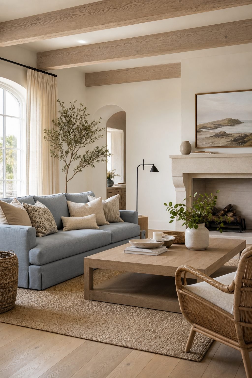 Soft blue 3 seater sofa creating coastal elegance with pale wood and natural textures